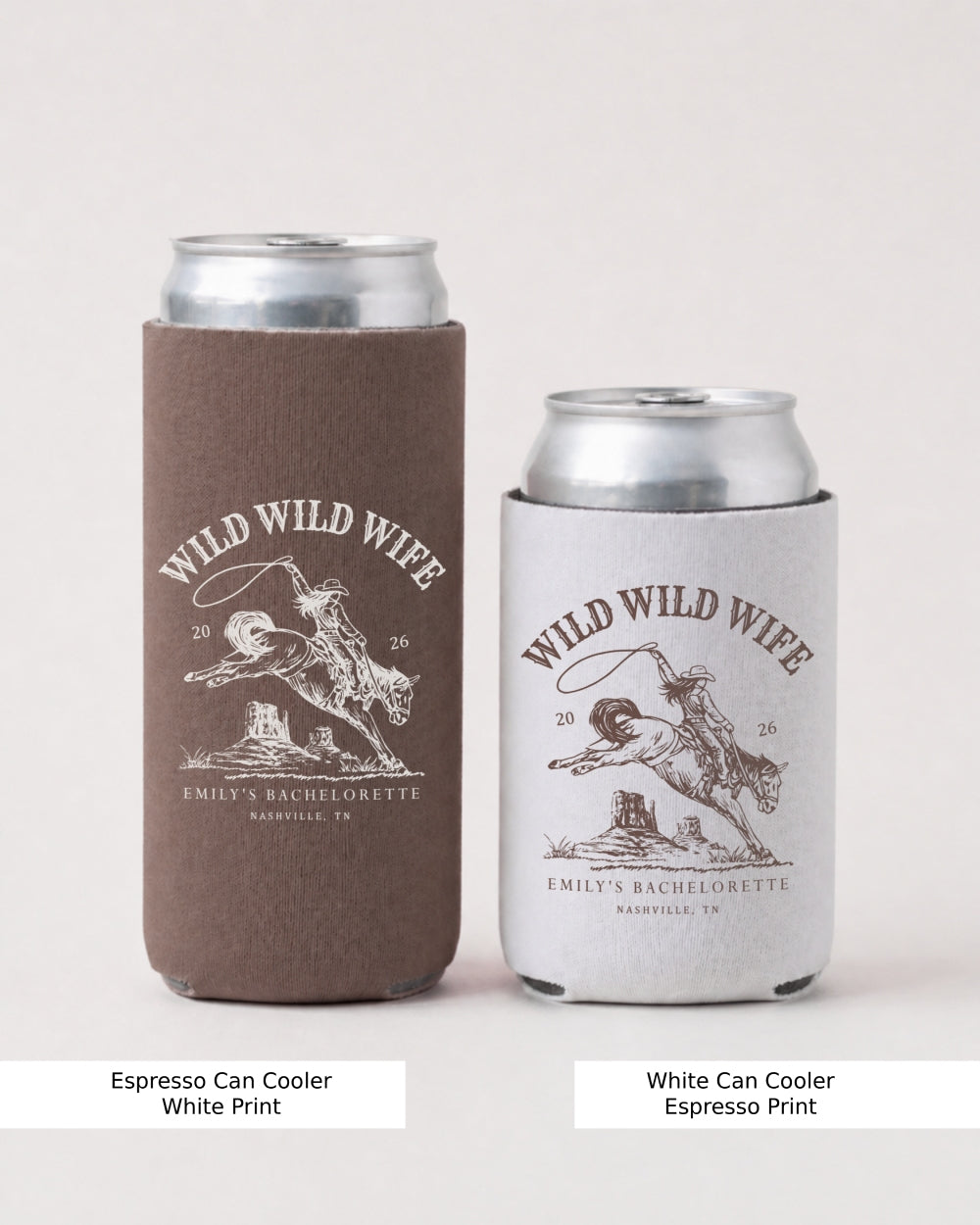 Personalized Wild Wild Wife can cooler for bachelorette parties, customizable with bride name, date, and destination. Vintage western design keeps drinks cold for the whole rodeo crew.