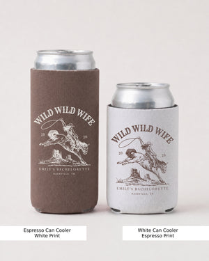 Personalized Wild Wild Wife can cooler for bachelorette parties, customizable with bride name, date, and destination. Vintage western design keeps drinks cold for the whole rodeo crew.