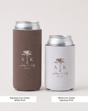 Personalized wedding can cooler with couple initials, wedding date, and palm tree beach design. Custom favor for tropical or destination beach weddings, fits standard cans.