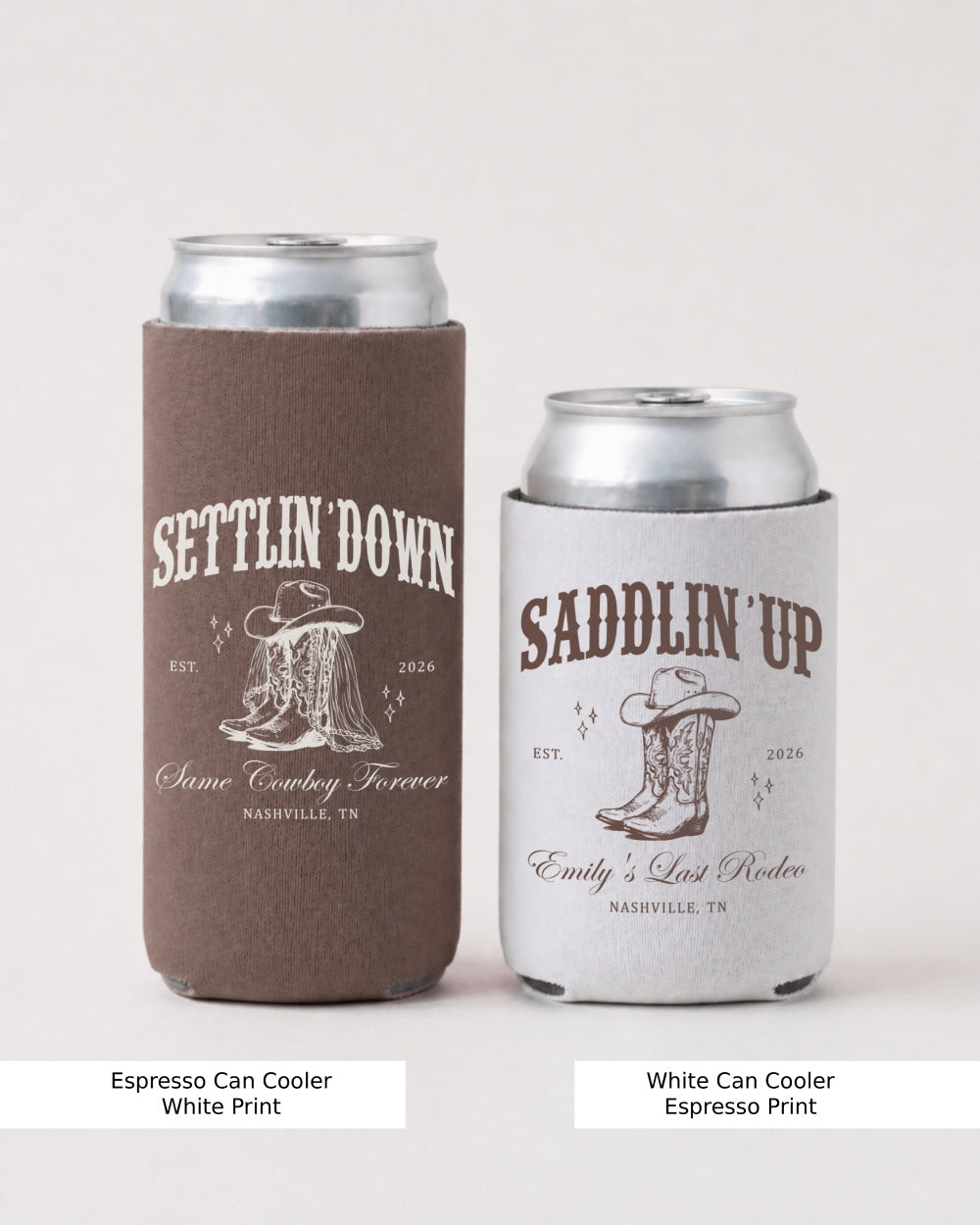 Personalized western wedding can cooler with vintage serif typography and Settlin' Down Saddlin' Up theme. Customize with bride and groom names, wedding date, or venue for the full bridal party.
