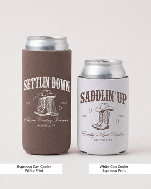 Personalized western wedding can cooler with vintage serif typography and Settlin' Down Saddlin' Up theme. Customize with bride and groom names, wedding date, or venue for the full bridal party.