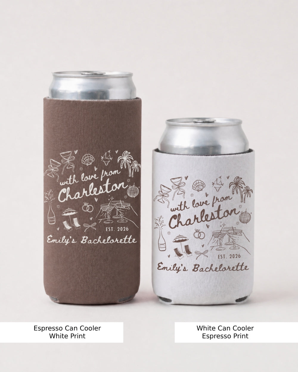 Personalized bachelorette can cooler with bride name, destination city, and hand-drawn line art script. Custom bachelorette weekend party favor for the whole crew.