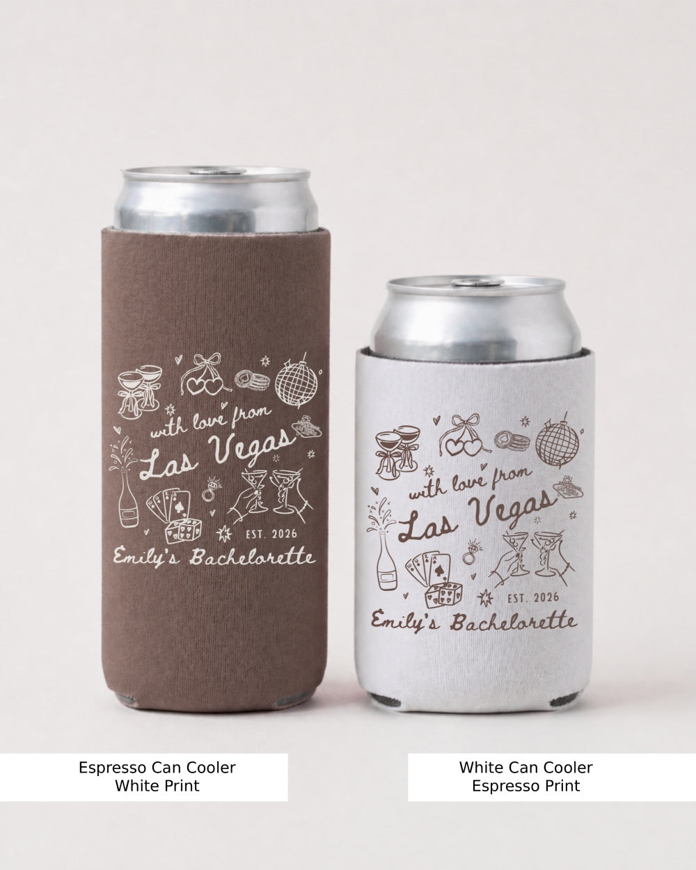 Personalized Las Vegas bachelorette can cooler with bride name and destination script lettering. Minimalist line-art design, customizable for the whole bachelorette crew.