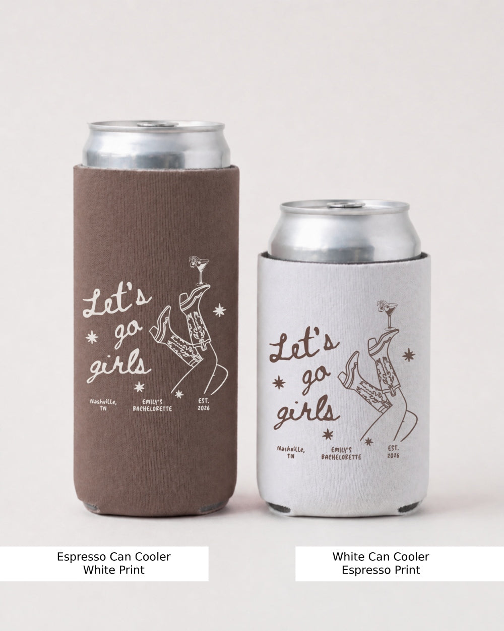 Personalized can cooler for bachelorette party or girls trip with minimalist boot and martini line art and script lettering. Custom name, date, or destination makes the whole crew set complete.