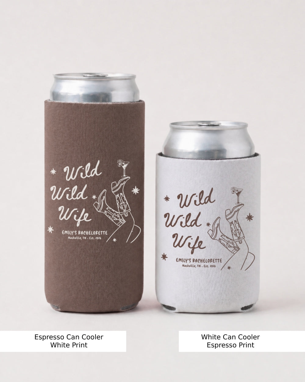 Personalized Wild Wild Wife bachelorette can cooler with script lettering and line-art illustration. Customize with the bride's name or wedding details for the whole bachelorette crew.