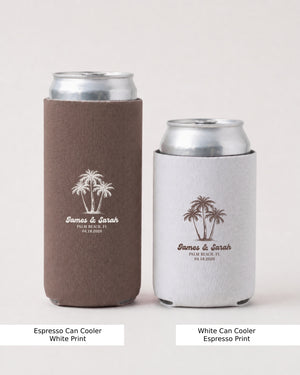Personalized beach wedding can coolers with couple names, initials, and wedding date. Tropical palm tree line-art design for destination wedding receptions, bachelorette parties, and coastal bridal celebrations.