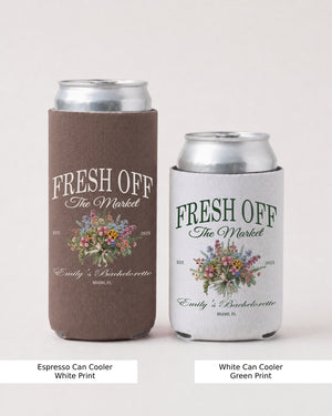 Personalized Fresh Off the Market can cooler with bride name and wedding date, vintage botanical script design for bachelorette party favors or bridal shower gifts.