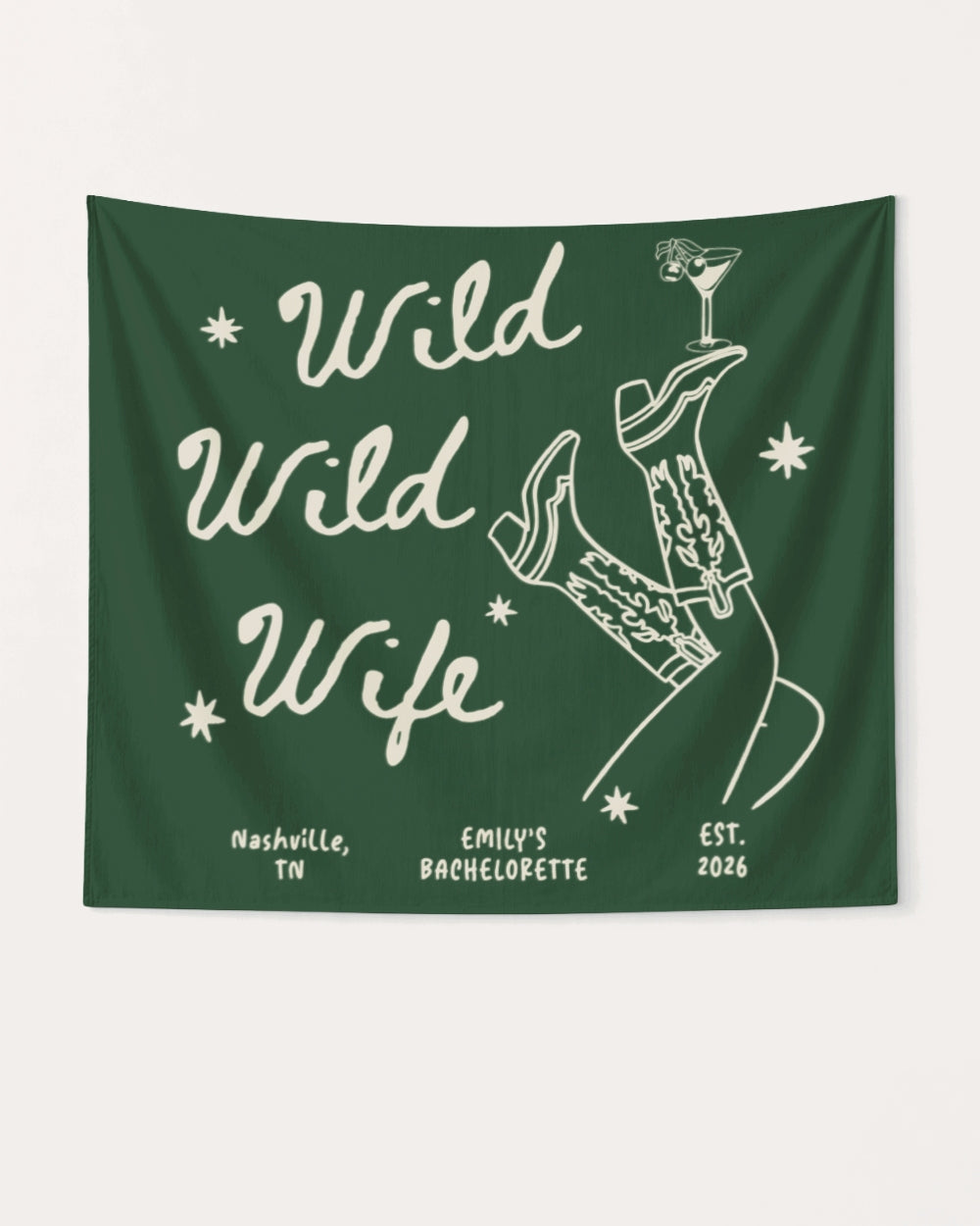 Bachelorette party banner with Wild Wild Wife cowgirl and martini line-art design. Personalized with bride name, destination city, and year for the weekend celebration.