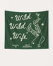 Bachelorette party banner with Wild Wild Wife cowgirl and martini line-art design. Personalized with bride name, destination city, and year for the weekend celebration.