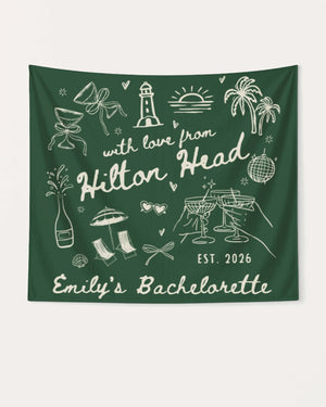 Personalized bachelorette party banner with bride name, destination city, and year in whimsical hand-drawn script and doodle art. Custom keepsake for the bridal crew's weekend celebration.