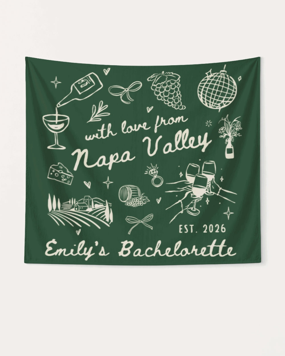 Personalized bachelorette party banner with bride name, year, and destination city in minimalist script and line-art doodle style. Custom Napa Valley or any wine country weekend theme.