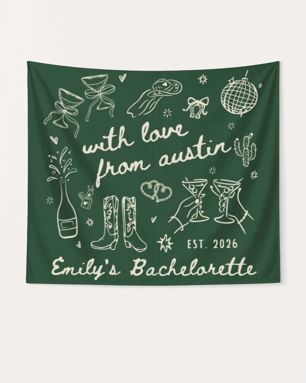 Personalized bachelorette party banner with bride name, city, and year in whimsical doodle script lettering. Custom keepsake decoration for the bachelorette weekend celebration.