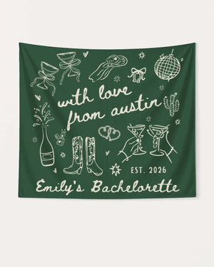 Personalized bachelorette party banner with bride name, city, and year in whimsical doodle script lettering. Custom keepsake decoration for the bachelorette weekend celebration.