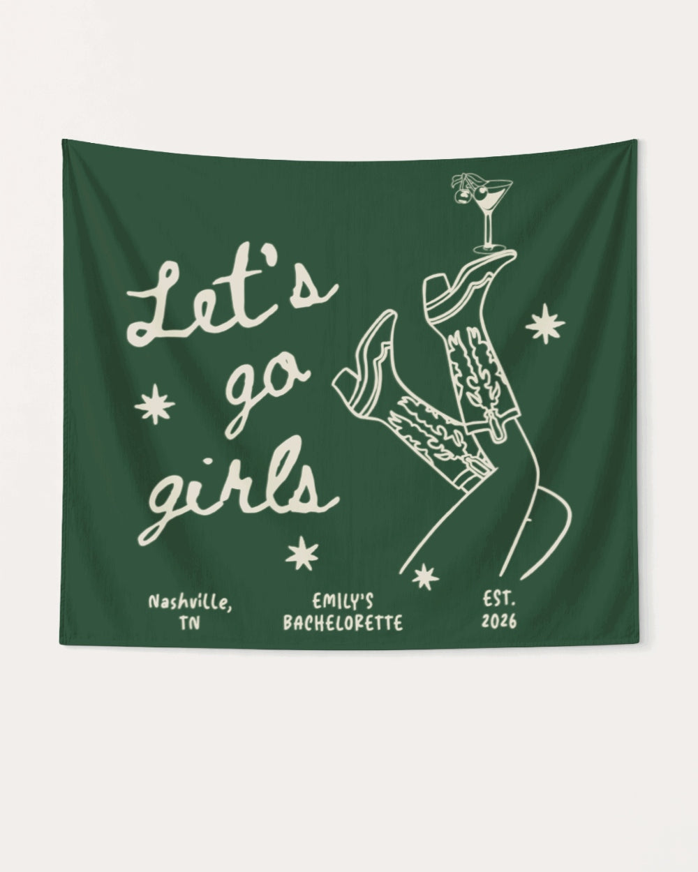Personalized bachelorette party banner with bride name, date, and city, featuring vintage line-art boots and martini glasses with cursive script. Custom Let's Go Girls decor for the whole crew.