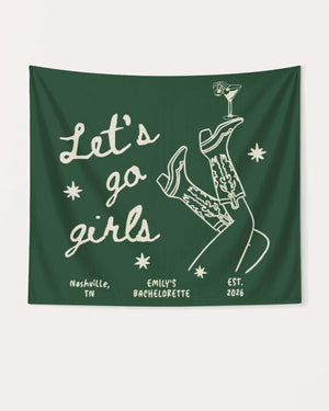 Personalized bachelorette party banner with bride name, date, and city, featuring vintage line-art boots and martini glasses with cursive script. Custom Let's Go Girls decor for the whole crew.