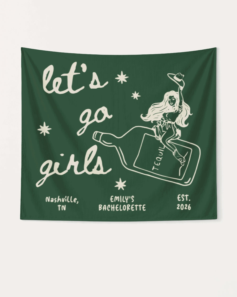 Personalized bachelorette bottle banner with bride name, destination city, and EST. year. Vintage line-art cowgirl design for the Let's Go Girls bachelorette crew.