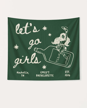 Personalized bachelorette bottle banner with bride name, destination city, and EST. year. Vintage line-art cowgirl design for the Let's Go Girls bachelorette crew.