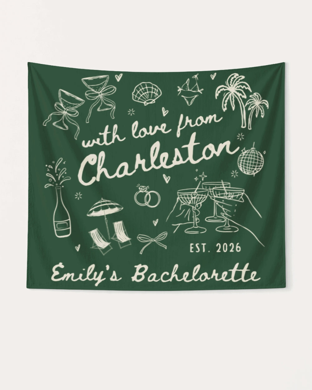 Personalized bachelorette party banner with city name, bride name, year, and event title in hand-drawn doodle script. Custom keepsake for the bride and her crew.