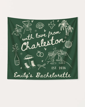 Personalized bachelorette party banner with city name, bride name, year, and event title in hand-drawn doodle script. Custom keepsake for the bride and her crew.
