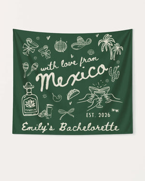 Personalized Mexico bachelorette banner with bride name, destination, and year customizable. Hand-drawn vintage line-art style, perfect for the bachelorette crew's trip photo backdrop.