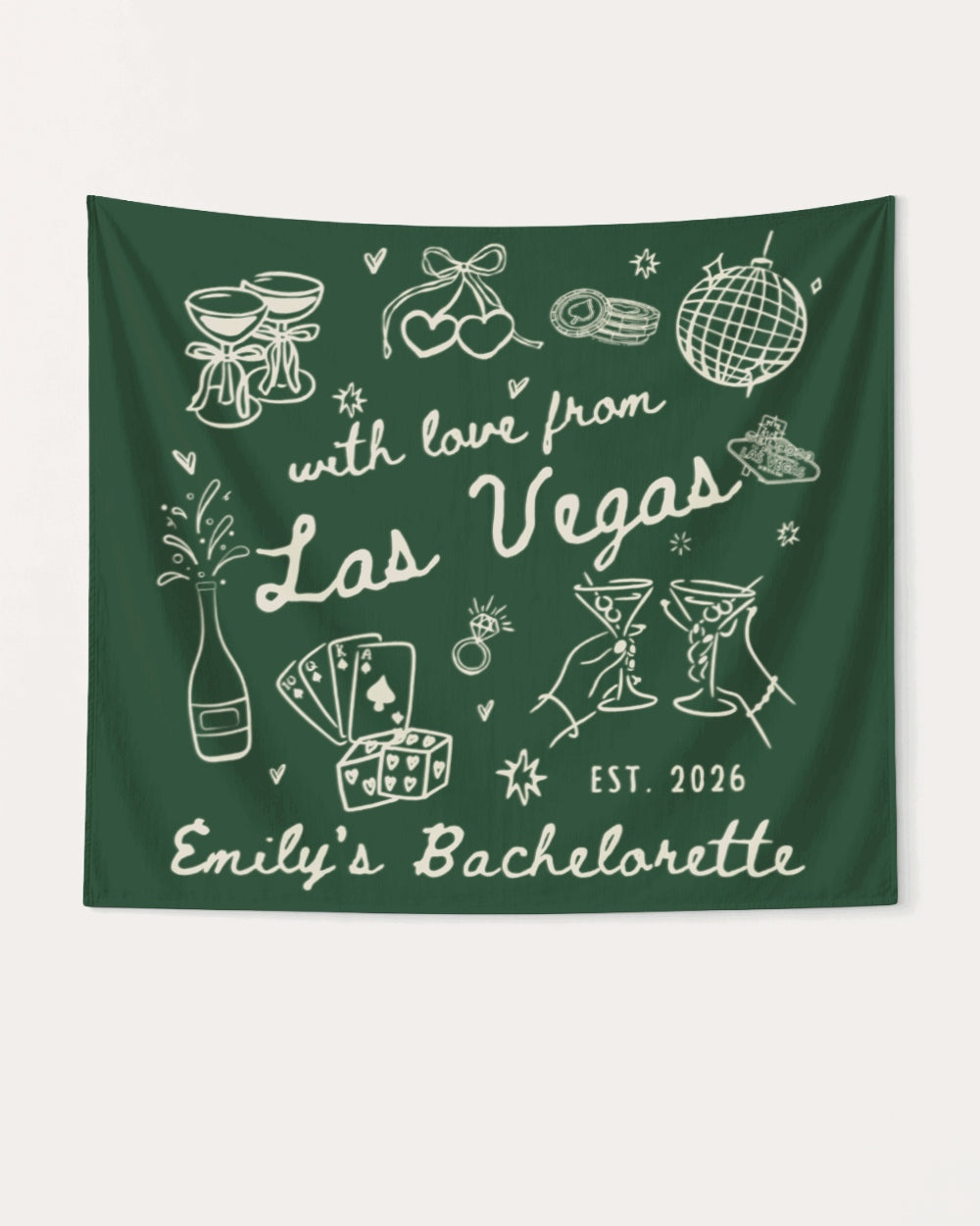 Personalized bachelorette banner with bride name, destination city, and EST. year in hand-drawn doodle style. Custom Las Vegas bachelorette party decor for the whole crew.