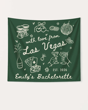Personalized bachelorette banner with bride name, destination city, and EST. year in hand-drawn doodle style. Custom Las Vegas bachelorette party decor for the whole crew.