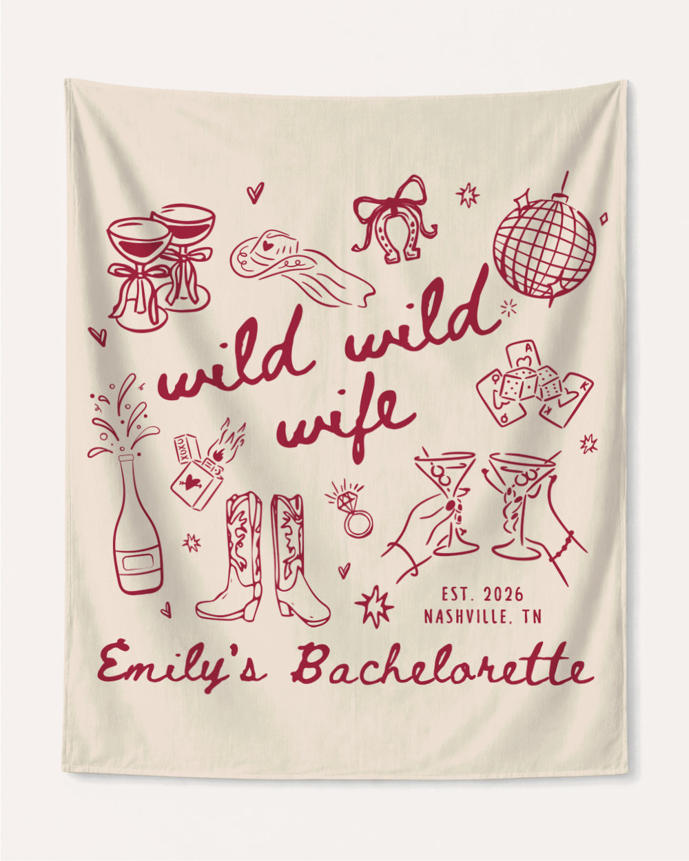 Bachelorette weekend party banner with Wild Wild Wife theme and playful hand-drawn line art. Personalized with bride name, wedding year, and destination city for the whole crew.