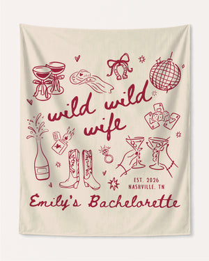 Bachelorette weekend party banner with Wild Wild Wife theme and playful hand-drawn line art. Personalized with bride name, wedding year, and destination city for the whole crew.