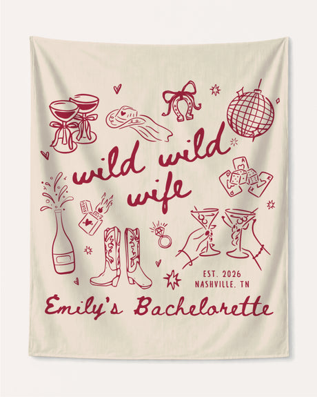 Bachelorette weekend party banner with Wild Wild Wife theme and playful hand-drawn line art. Personalized with bride name, wedding year, and destination city for the whole crew.