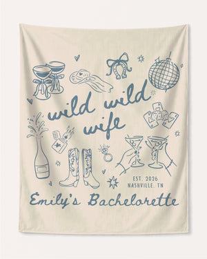 Rectangular bachelorette party banner with playful hand-drawn line-art doodles for a Wild Wild Wife weekend. Personalized with bride name, year, and destination city for the full crew.
