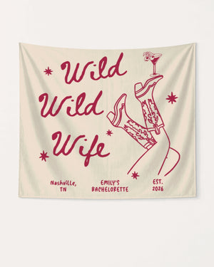 Bachelorette weekend party banner with Wild Wild Wife cowgirl and martini theme. Personalized with bride name, city, and year for the Nashville bach or any destination celebration.