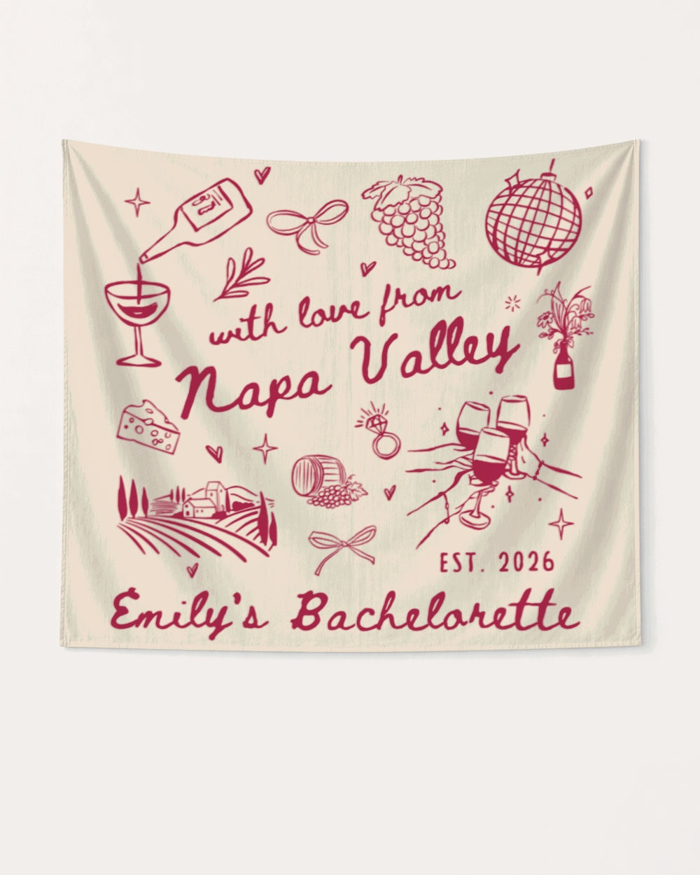 Bachelorette weekend party banner with Napa Valley wine country theme and minimalist line-art doodles. Personalized with bride name, year, and destination for the bridal crew.