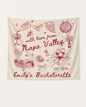 Bachelorette weekend party banner with Napa Valley wine country theme and minimalist line-art doodles. Personalized with bride name, year, and destination for the bridal crew.