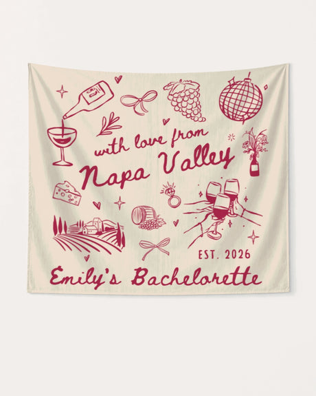 Bachelorette weekend party banner with Napa Valley wine country theme and minimalist line-art doodles. Personalized with bride name, year, and destination for the bridal crew.