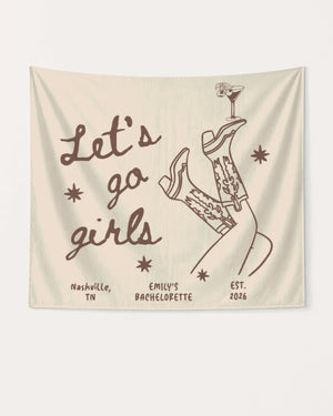 Bachelorette party banner with vintage line-art boots and martini illustration, cursive script lettering. Personalized with bride name, destination city, and year for the full weekend celebration.