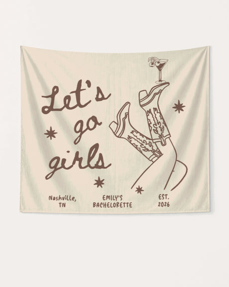 Bachelorette party banner with vintage line-art boots and martini illustration, cursive script lettering. Personalized with bride name, destination city, and year for the full weekend celebration.
