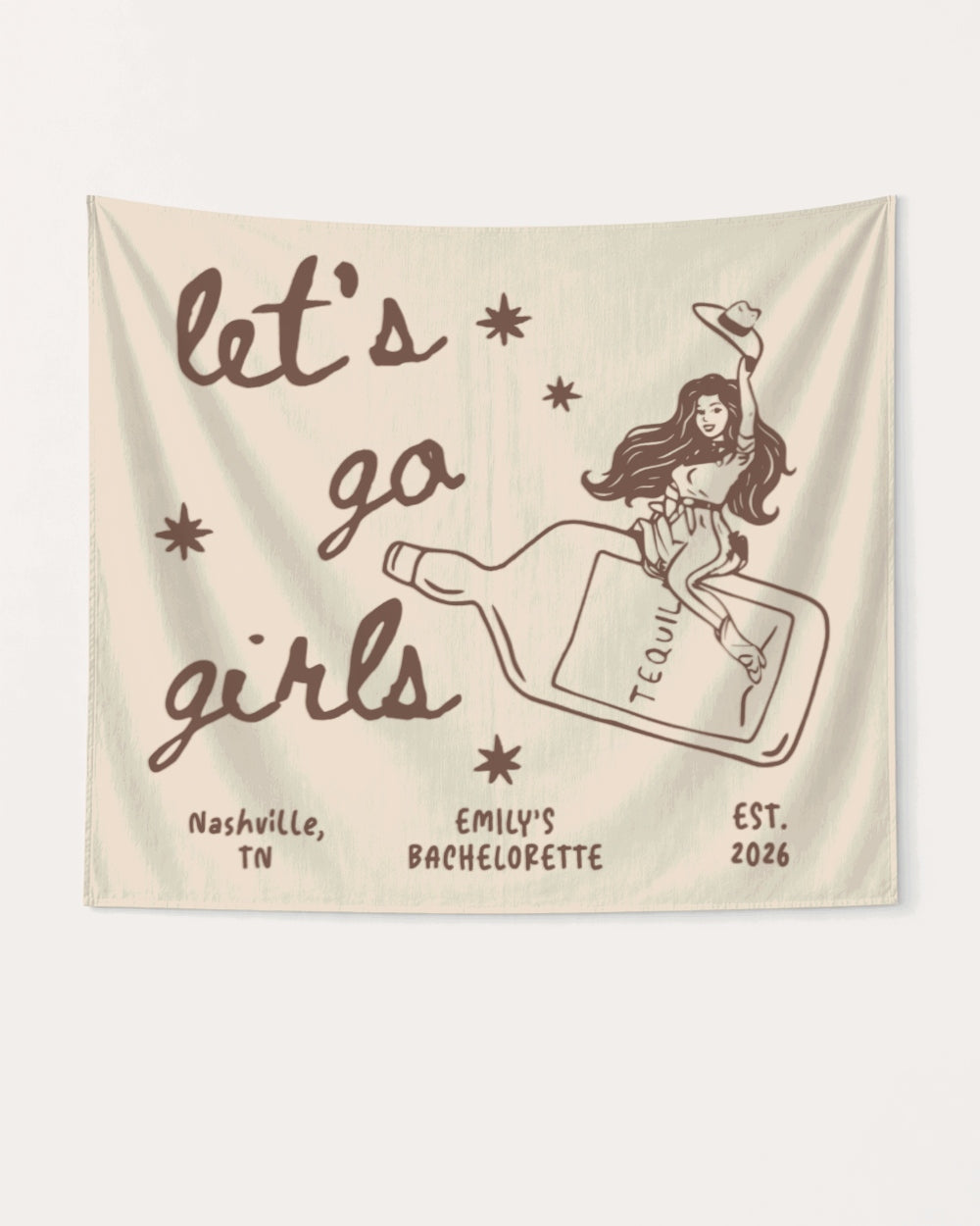 Bachelorette weekend bottle banner with vintage cowgirl line-art and hand-drawn script. Personalized with bride name, destination city, and EST. year for the Nashville girls trip or any country-theme party.