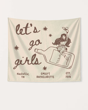 Bachelorette weekend bottle banner with vintage cowgirl line-art and hand-drawn script. Personalized with bride name, destination city, and EST. year for the Nashville girls trip or any country-theme party.