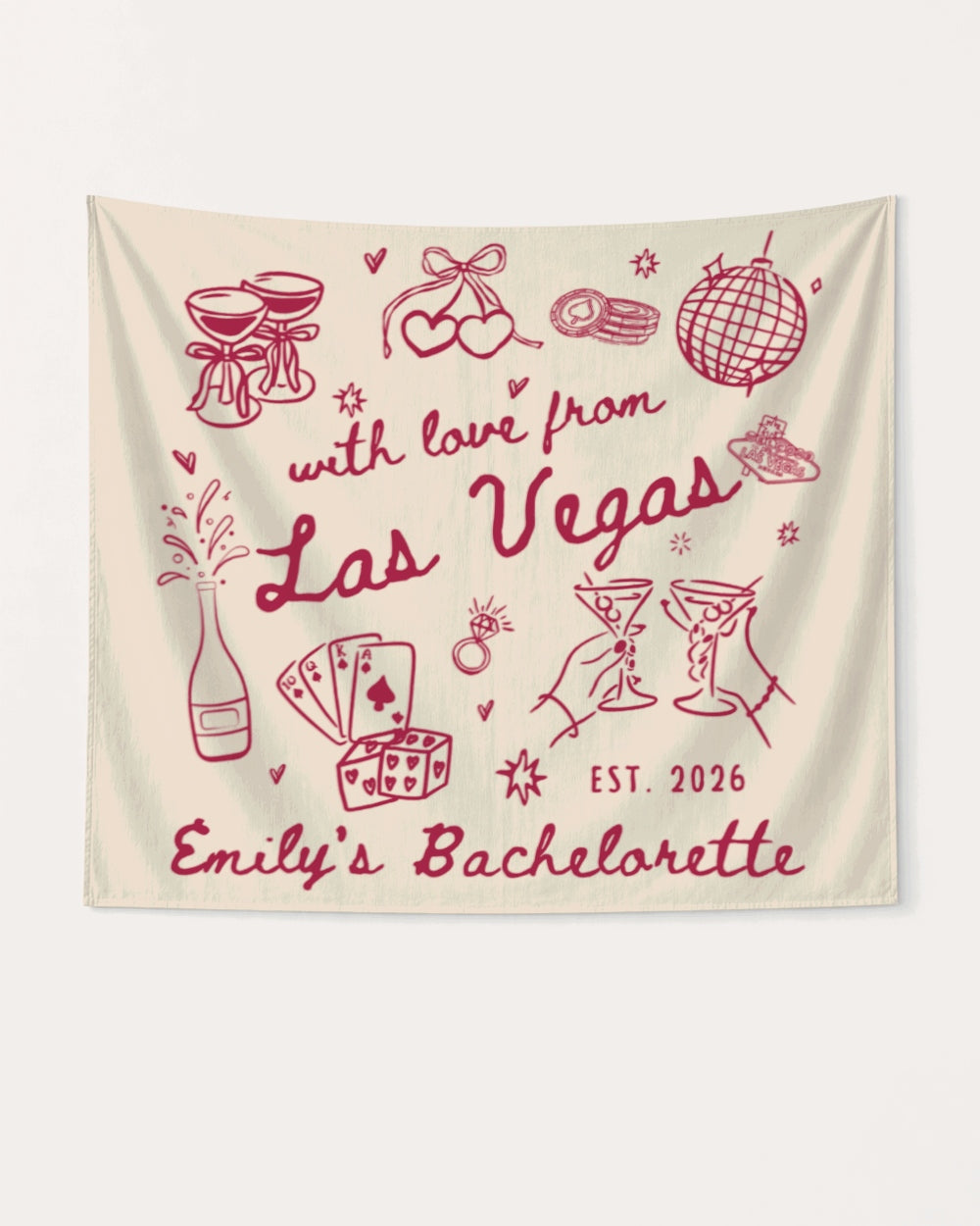 Bachelorette weekend party banner with hand-drawn doodle art and Las Vegas theme. Personalized with bride name, year, and city for the full Vegas crew celebration.