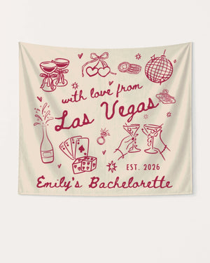 Bachelorette weekend party banner with hand-drawn doodle art and Las Vegas theme. Personalized with bride name, year, and city for the full Vegas crew celebration.