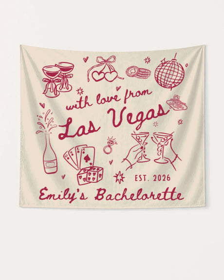 Bachelorette weekend party banner with hand-drawn doodle art and Las Vegas theme. Personalized with bride name, year, and city for the full Vegas crew celebration.