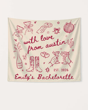 Bachelorette weekend party banner with whimsical doodle script lettering, customizable with bride name, destination city, and EST. year. Perfect for decorating the house, hotel, or venue for the bridal crew.