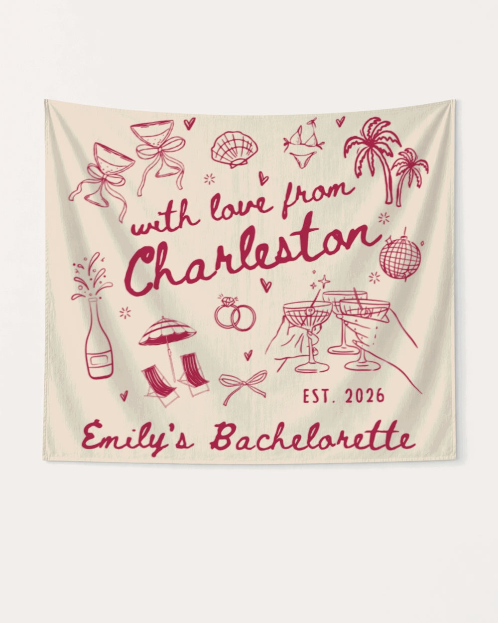 Bachelorette weekend party banner with hand-drawn doodle script, customized with bride name, destination city, and EST. year. Perfect decor for Charleston or any bachelorette getaway celebration.