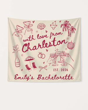 Bachelorette weekend party banner with hand-drawn doodle script, customized with bride name, destination city, and EST. year. Perfect decor for Charleston or any bachelorette getaway celebration.