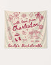 Bachelorette weekend party banner with hand-drawn doodle script, customized with bride name, destination city, and EST. year. Perfect decor for Charleston or any bachelorette getaway celebration.