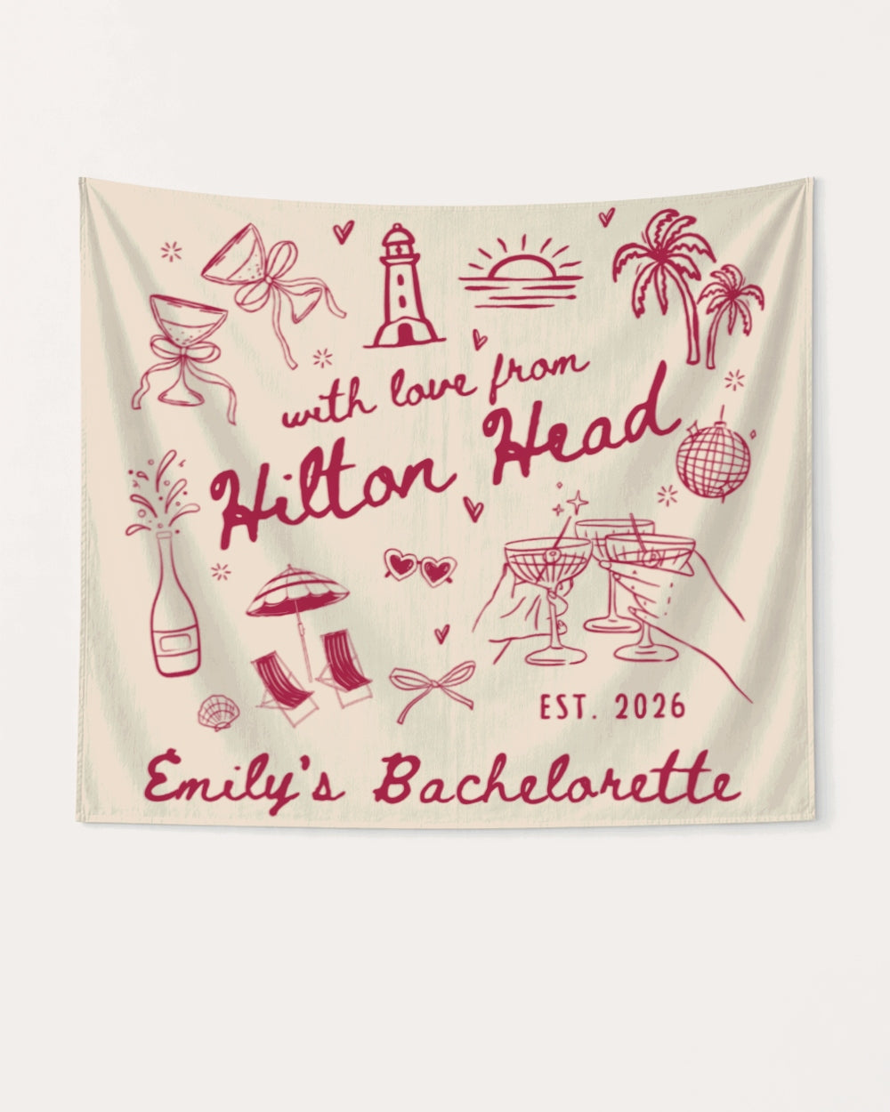 Bachelorette weekend banner with whimsical line-art doodles and hand-drawn script, personalized with bride name, destination city, and EST year for the whole crew.