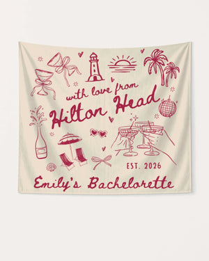 Bachelorette weekend banner with whimsical line-art doodles and hand-drawn script, personalized with bride name, destination city, and EST year for the whole crew.