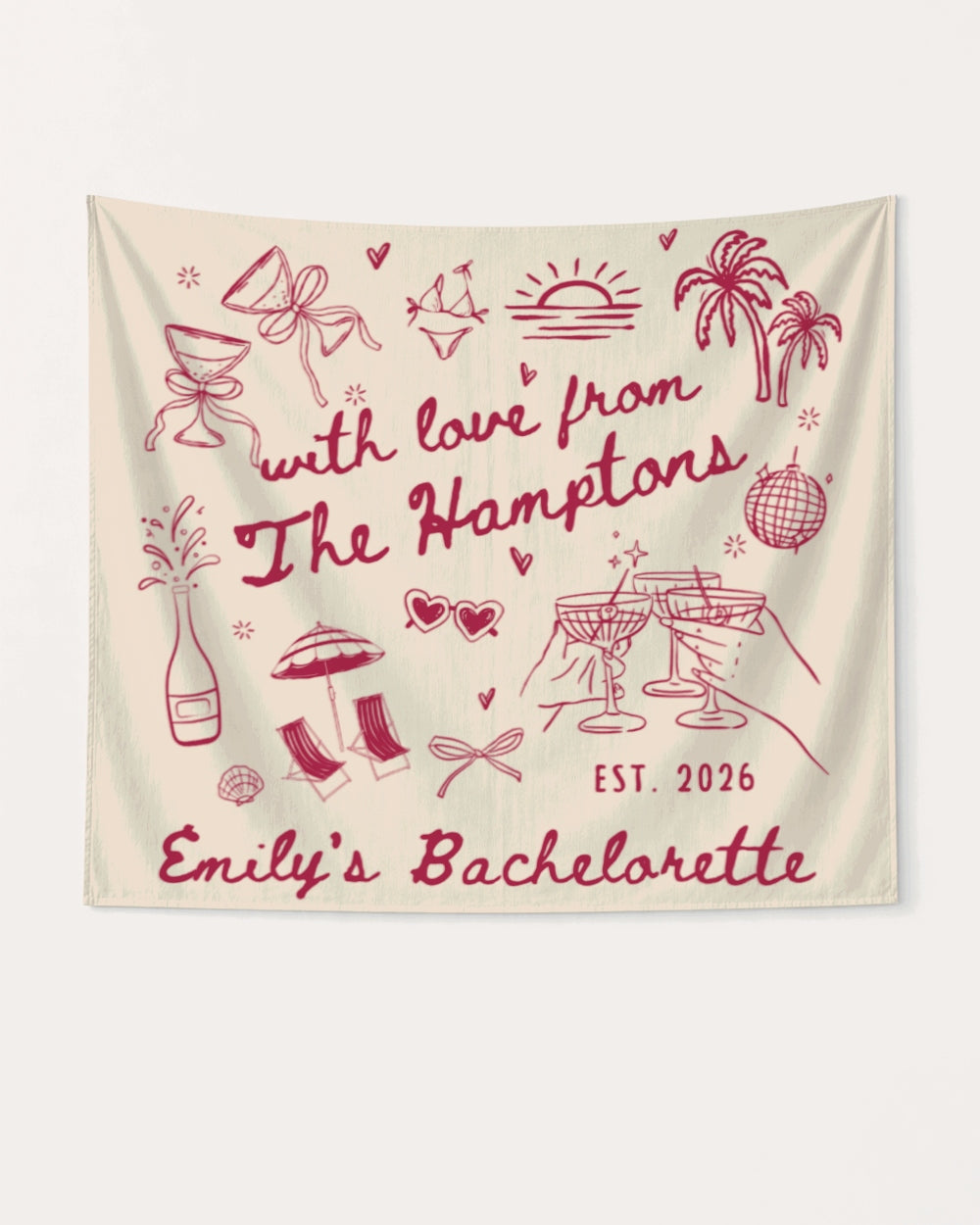 Bachelorette weekend party banner with minimalist doodle art for a Hamptons-themed celebration. Personalized with bride name, year, and destination for the full crew.
