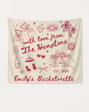 Bachelorette weekend party banner with minimalist doodle art for a Hamptons-themed celebration. Personalized with bride name, year, and destination for the full crew.
