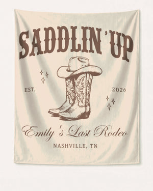 Bachelorette rodeo weekend banner for the Last Rodeo party theme, vintage western style. Personalized with bride name, year, and Nashville or any destination city for the full crew setup.